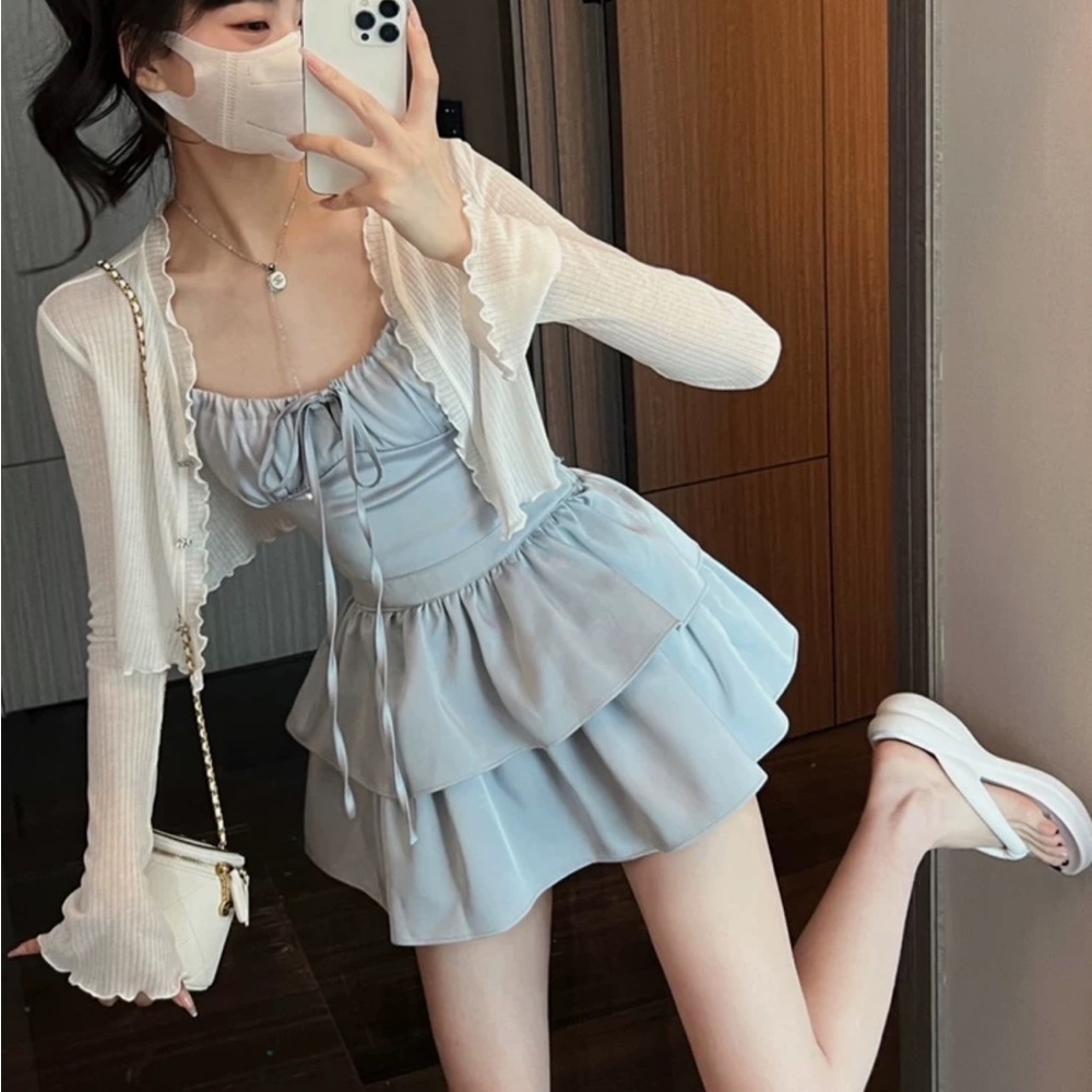 Pastel Blue Silky Layered Tiered Kawaii Ballet Cottage Mini Skirt Skort